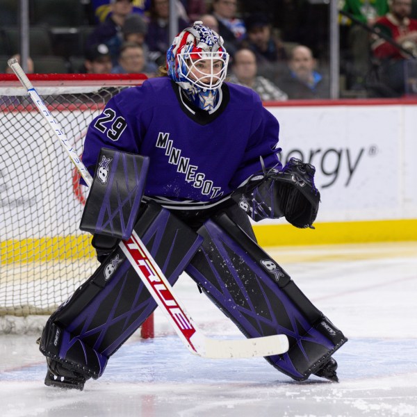 FILE -Minnesota goalie Nicole Hensley watches play during the second period of the team's PWHL hockey game against Toronto on Wednesday, Jan. 10, 2024, in St. Paul, Minn. (AP Photo/Bailey Hillesheim, File)