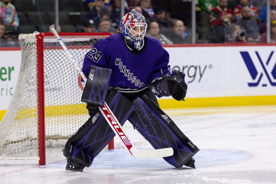 FILE -Minnesota goalie Nicole Hensley watches play during the second period of the team's PWHL hockey game against Toronto on Wednesday, Jan. 10, 2024, in St. Paul, Minn. (AP Photo/Bailey Hillesheim, File)