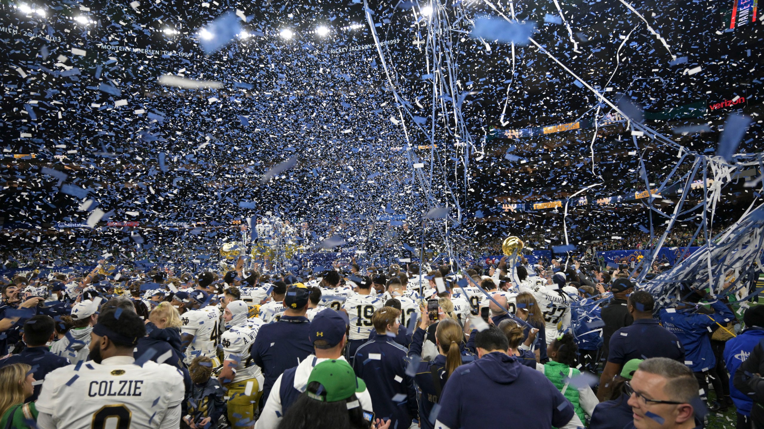 Notre Dame players celebrate after a quarterfinal game against Georgia in a College Football Playoff, Thursday, Jan. 2, 2025, in New Orleans. (AP Photo/Matthew Hinton)