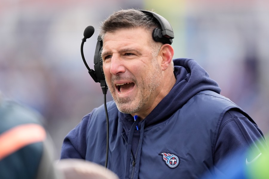 FILE - Tennessee Titans head coach Mike Vrabel argues a call during the first half of an NFL football game against the Jacksonville Jaguars Sunday, Jan. 7, 2024, in Nashville, Tenn. (AP Photo/George Walker IV, File)