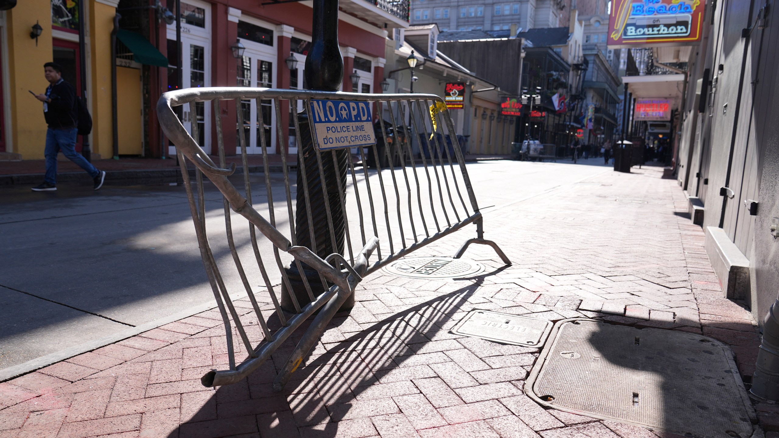 FILE - The barricade that Shamsud-Din Jabbar hit with his truck while driving into a crowd on New Year's Day is seen on Bourbon Street, Thursday, Jan. 2, 2025, in New Orleans. (AP Photo/George Walker IV, File)