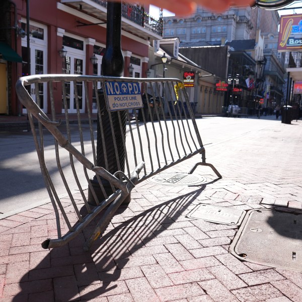 FILE - The barricade that Shamsud-Din Jabbar hit with his truck while driving into a crowd on New Year's Day is seen on Bourbon Street, Thursday, Jan. 2, 2025, in New Orleans. (AP Photo/George Walker IV, File)