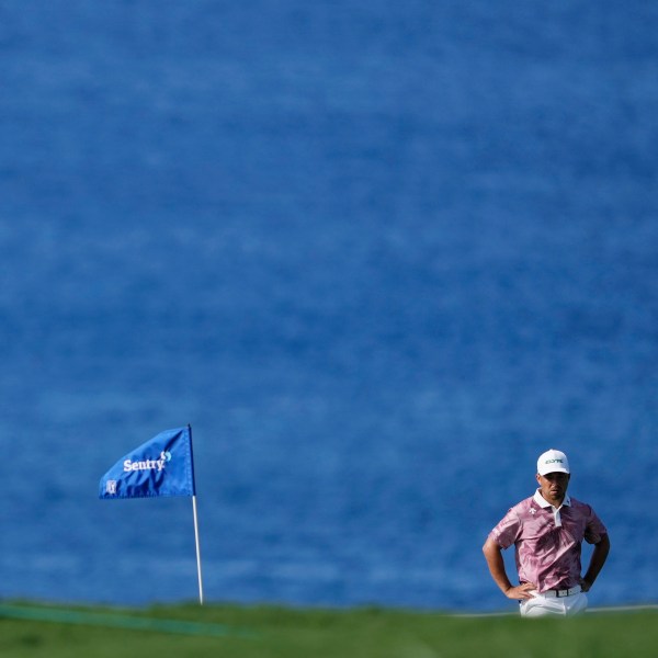 Xander Schauffele waits to hit at the 12th hole during the second round of The Sentry golf event, Friday, Jan. 3, 2025, at the Kapalua Plantation Course in Kapalua, Hawaii. (AP Photo/Matt York)