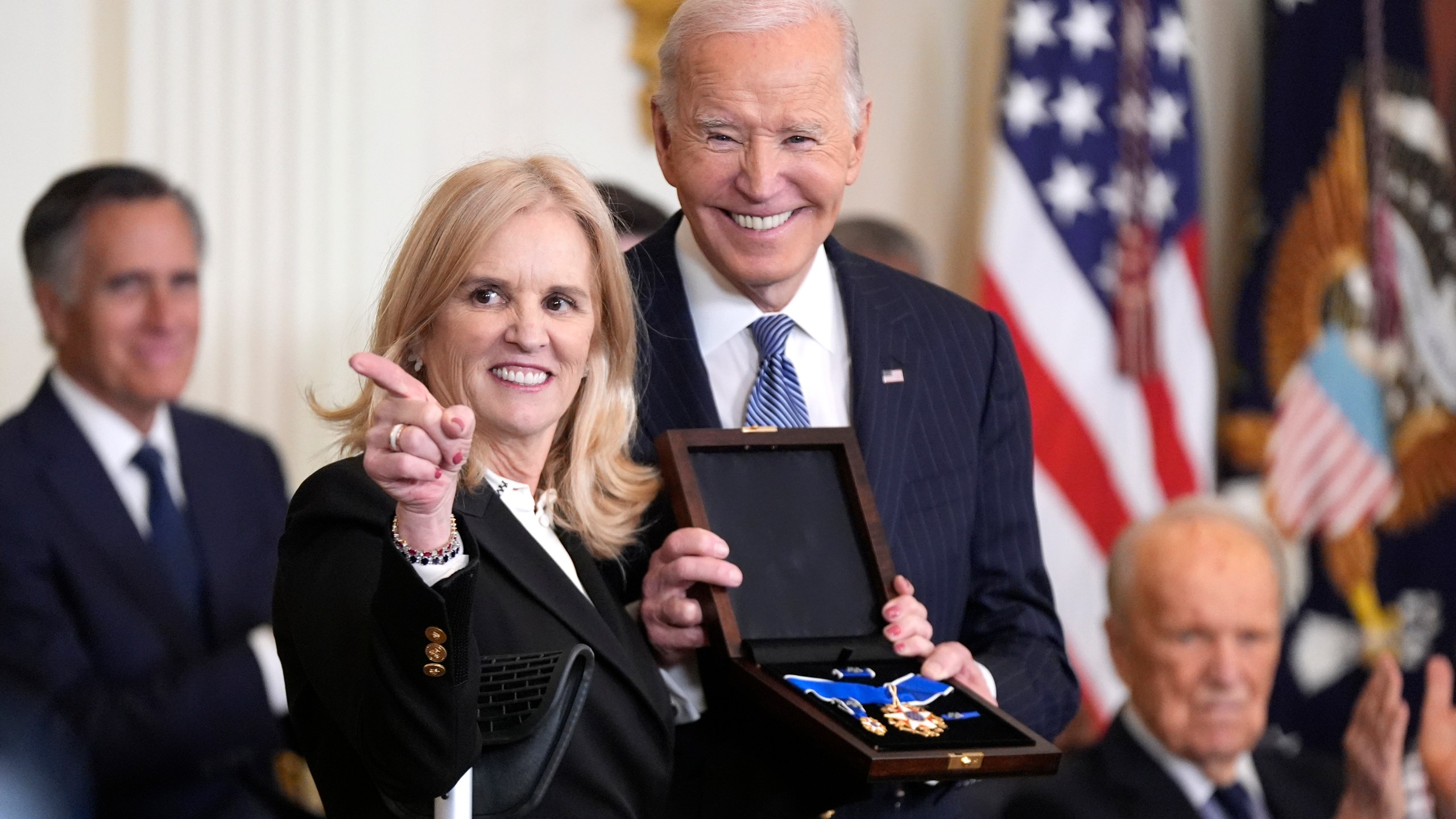 President Joe Biden, right, posthumously presents the Presidential Medal of Freedom, the Nation's highest civilian honor, to Kerry Kennedy on behalf of her late father Robert F. Kennedy in the East Room of the White House, Saturday, Jan. 4, 2025, in Washington. (AP Photo/Manuel Balce Ceneta)