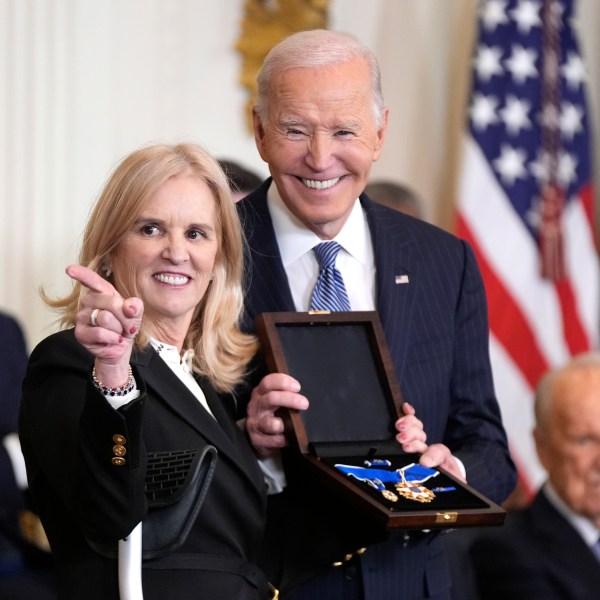 President Joe Biden, right, posthumously presents the Presidential Medal of Freedom, the Nation's highest civilian honor, to Kerry Kennedy on behalf of her late father Robert F. Kennedy in the East Room of the White House, Saturday, Jan. 4, 2025, in Washington. (AP Photo/Manuel Balce Ceneta)