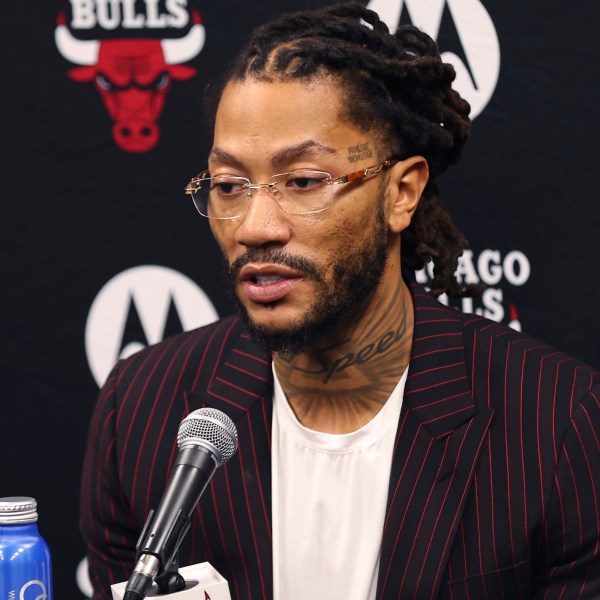 Former NBA player Derrick Rose answers questions during a news conference before an NBA basketball game between the New York Knicks and the Chicago Bulls, Saturday, Jan. 4, 2025, in Chicago. (AP Photo/Melissa Tamez)