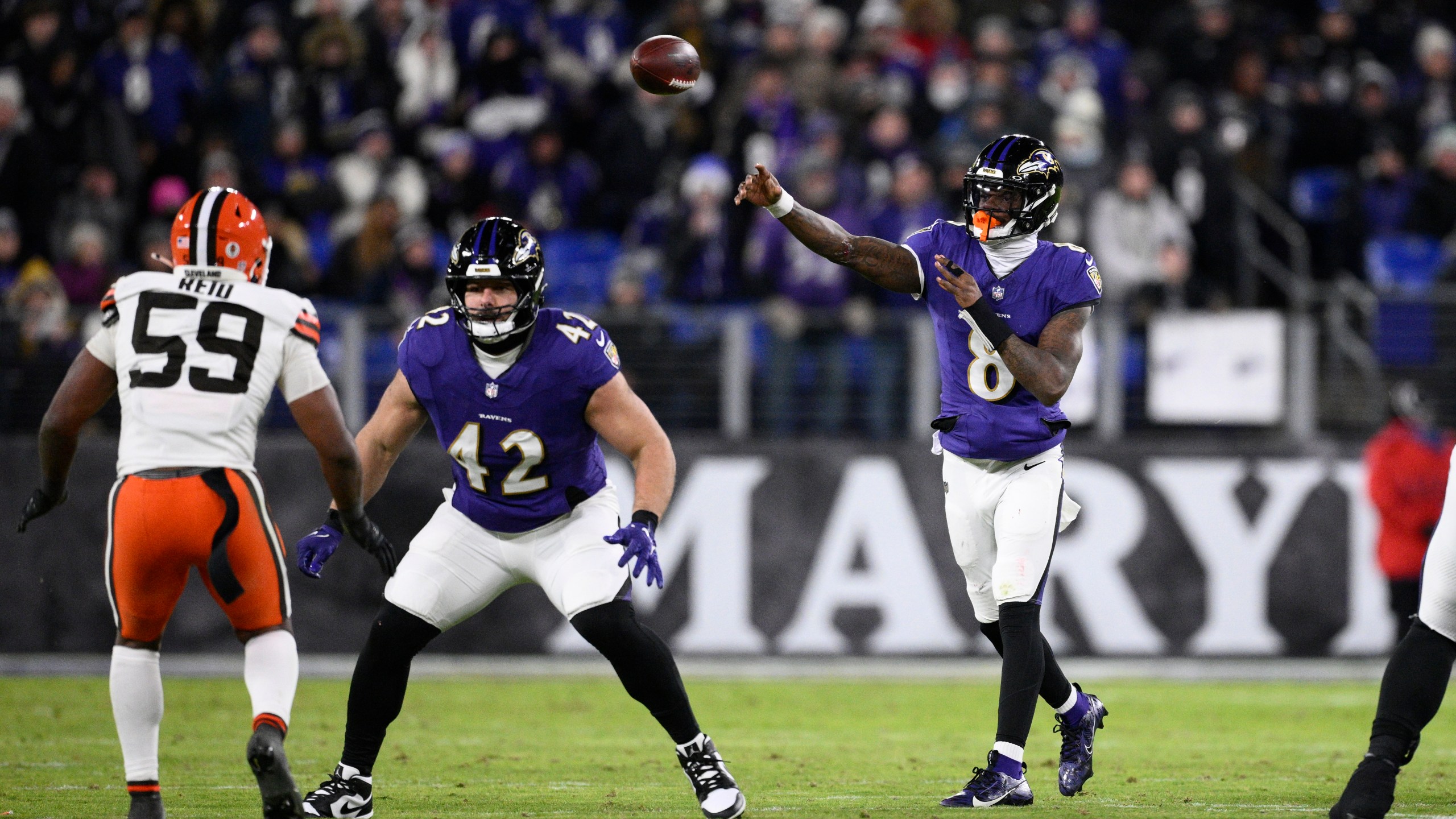 Baltimore Ravens quarterback Lamar Jackson throws during the first half of an NFL football game against the Cleveland Browns Saturday, Jan. 4, 2025, in Baltimore. (AP Photo/Nick Wass)