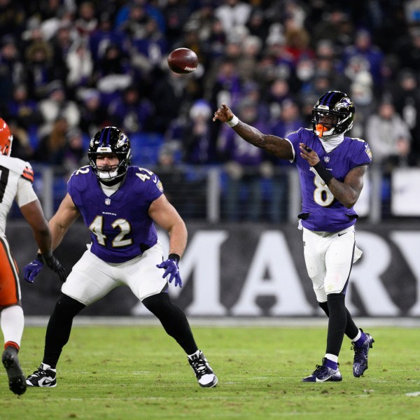 Baltimore Ravens quarterback Lamar Jackson throws during the first half of an NFL football game against the Cleveland Browns Saturday, Jan. 4, 2025, in Baltimore. (AP Photo/Nick Wass)