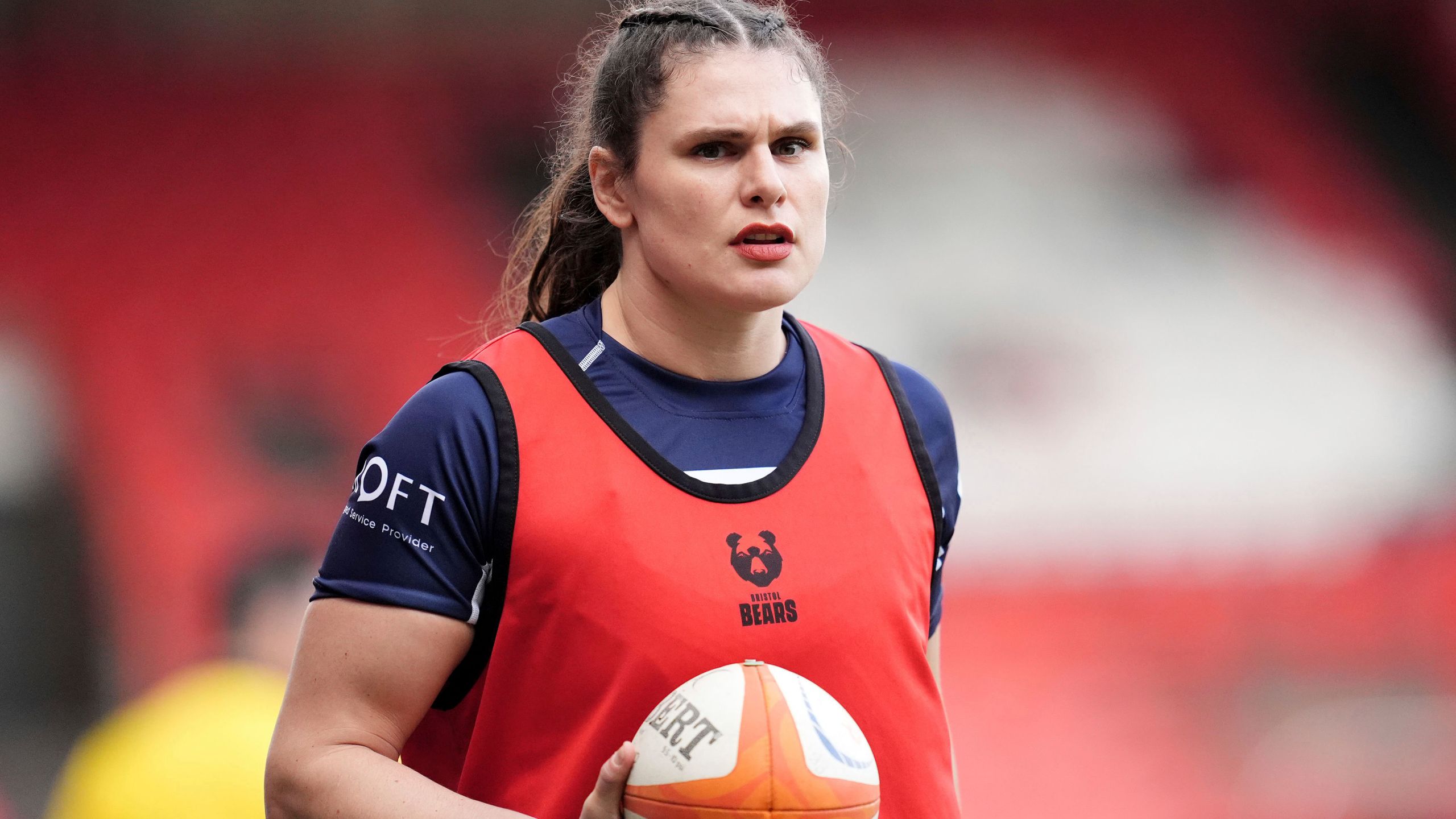 Bristol Bears' Ilona Maher warms up ahead of the Premiership Women's Rugby match between Bristol Bears and Gloucester Hartpury at Ashton Gate, Bristol, England, Sunday Jan. 5, 2025. (Adam Davy/PA via AP)