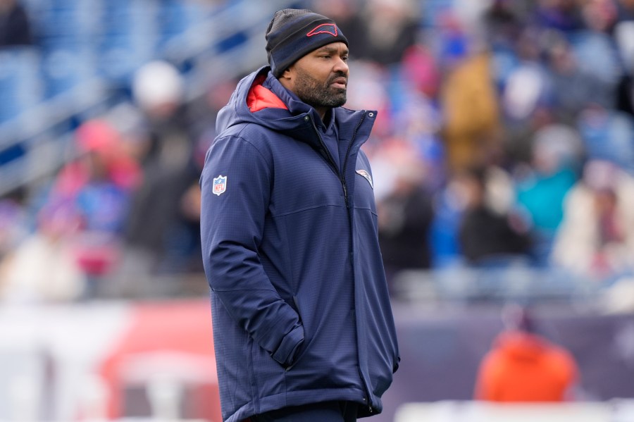 New England Patriots head coach Jerod Mayo walks on the field prior to an NFL football game against the Buffalo Bills, Sunday, Jan. 5, 2025, in Foxborough, Mass. (AP Photo/Robert F. Bukaty)