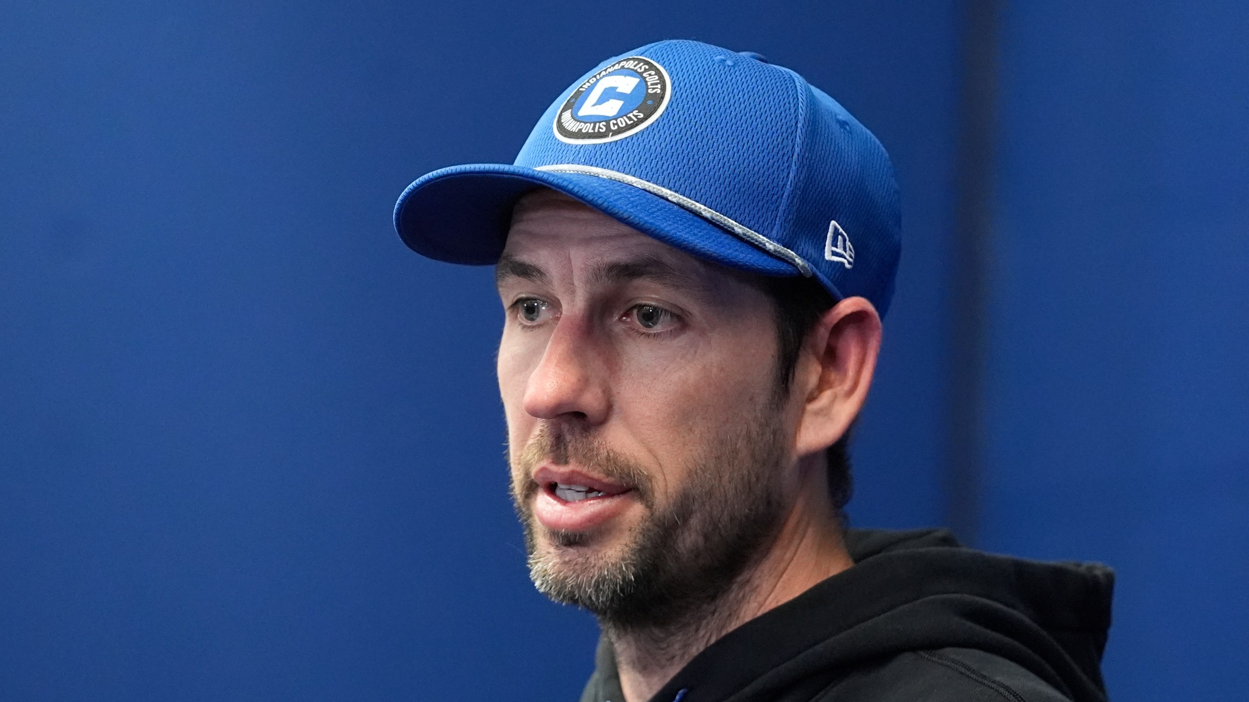 Indianapolis Colts head coach Shane Steichen speaks during a news conference after an NFL football game against the Jacksonville Jaguars, Sunday, Jan. 5, 2025, in Indianapolis. The Colts won 26-23 in overtime. (AP Photo/Darron Cummings)