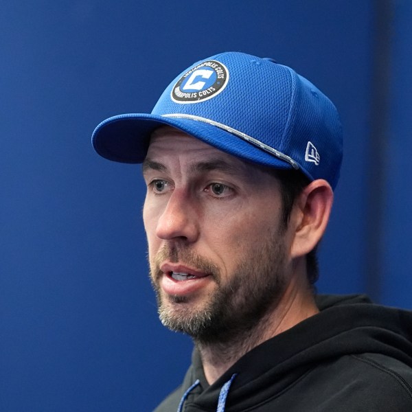 Indianapolis Colts head coach Shane Steichen speaks during a news conference after an NFL football game against the Jacksonville Jaguars, Sunday, Jan. 5, 2025, in Indianapolis. The Colts won 26-23 in overtime. (AP Photo/Darron Cummings)