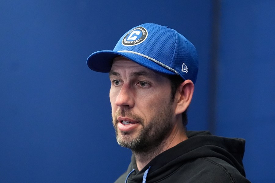 Indianapolis Colts head coach Shane Steichen speaks during a news conference after an NFL football game against the Jacksonville Jaguars, Sunday, Jan. 5, 2025, in Indianapolis. The Colts won 26-23 in overtime. (AP Photo/Darron Cummings)