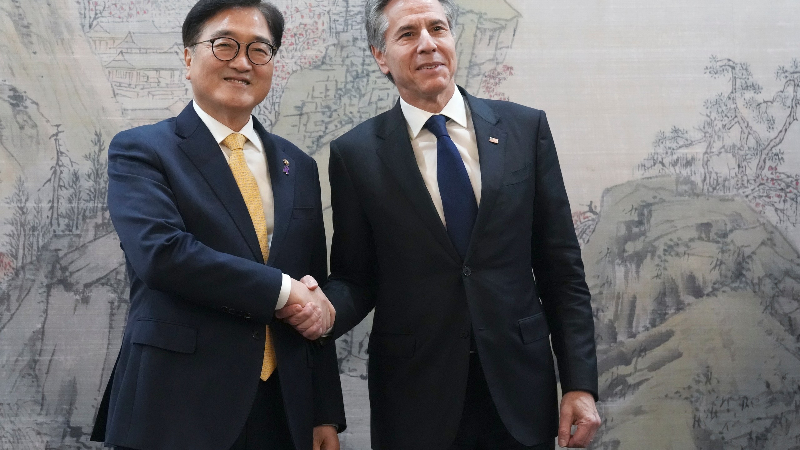 U.S. Secretary of State Antony Blinken, right, and South Korea's National Assembly Speaker Woo Won Shik, left, shake hands during a meeting at the National Assembly in Seoul, South Korea, Monday, Jan. 6, 2025. (AP Photo/Lee Jin-man, Pool)