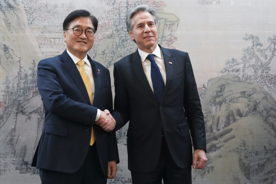 U.S. Secretary of State Antony Blinken, right, and South Korea's National Assembly Speaker Woo Won Shik, left, shake hands during a meeting at the National Assembly in Seoul, South Korea, Monday, Jan. 6, 2025. (AP Photo/Lee Jin-man, Pool)