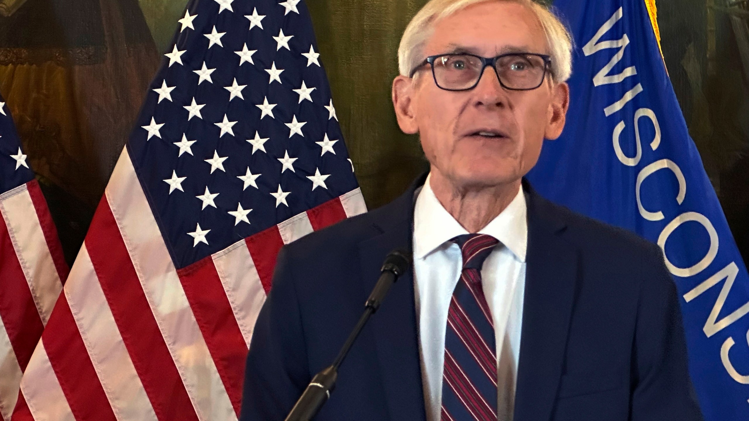 Wisconsin Gov. Tony Evers announces a plan that would allow people to repeal and enact state law without legislative involvement during a news conference in the state Capitol building in Madison on Friday, Jan. 3, 2025 (AP Photo/Todd Richmond)