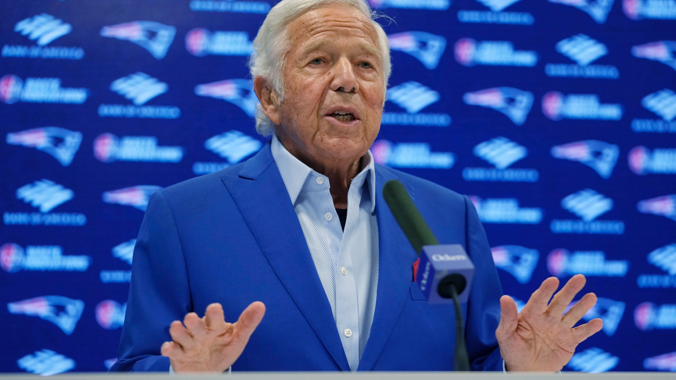 New England Patriots owner Robert Kraft answers a question during a media availability, Monday, Jan. 6, 2025, in Foxborough, Mass. (AP Photo/Charles Krupa)