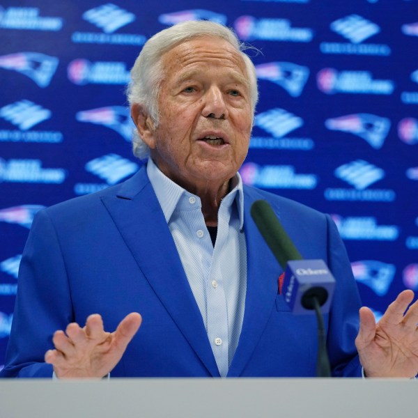 New England Patriots owner Robert Kraft answers a question during a media availability, Monday, Jan. 6, 2025, in Foxborough, Mass. (AP Photo/Charles Krupa)