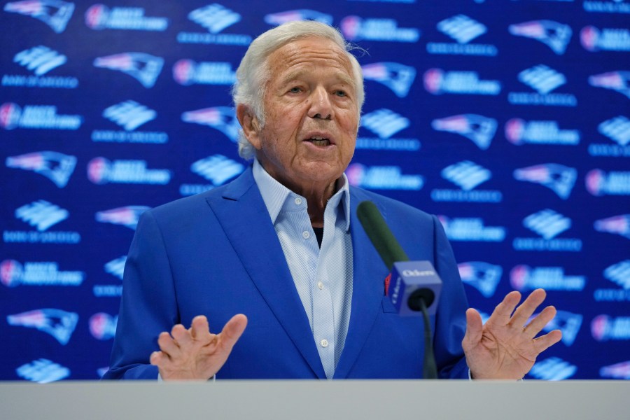 New England Patriots owner Robert Kraft answers a question during a media availability, Monday, Jan. 6, 2025, in Foxborough, Mass. (AP Photo/Charles Krupa)