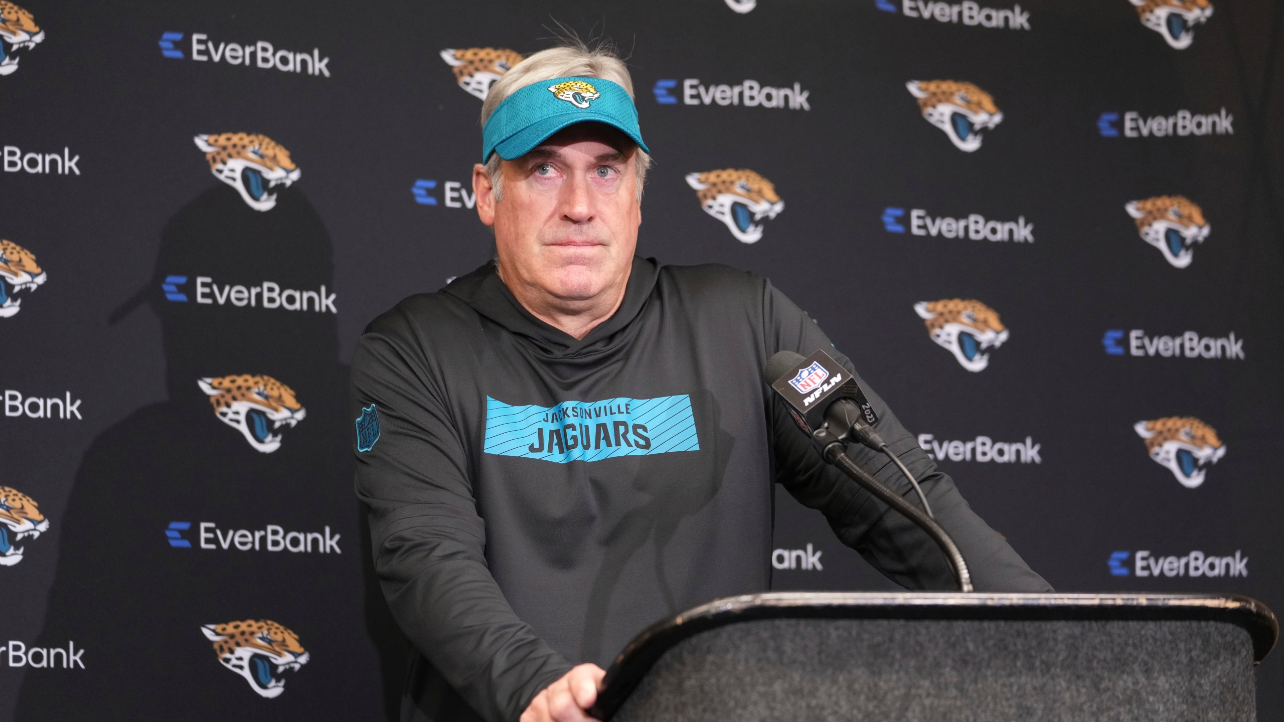 Jacksonville Jaguars head coach Doug Pederson pauses during a news conference after an NFL football game against the Indianapolis Colts, Sunday, Jan. 5, 2025, in Indianapolis. The Colts won 26-23 in overtime. (AP Photo/Michael Conroy)