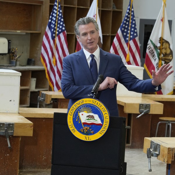 California Gov. Gavin Newsom outlines his proposed 2025-2026 $322 billion state budget during a news conference at California State University, Stanislaus in Turlock, Calif., Monday, Jan. 6,2025. (AP Photo/Rich Pedroncelli)