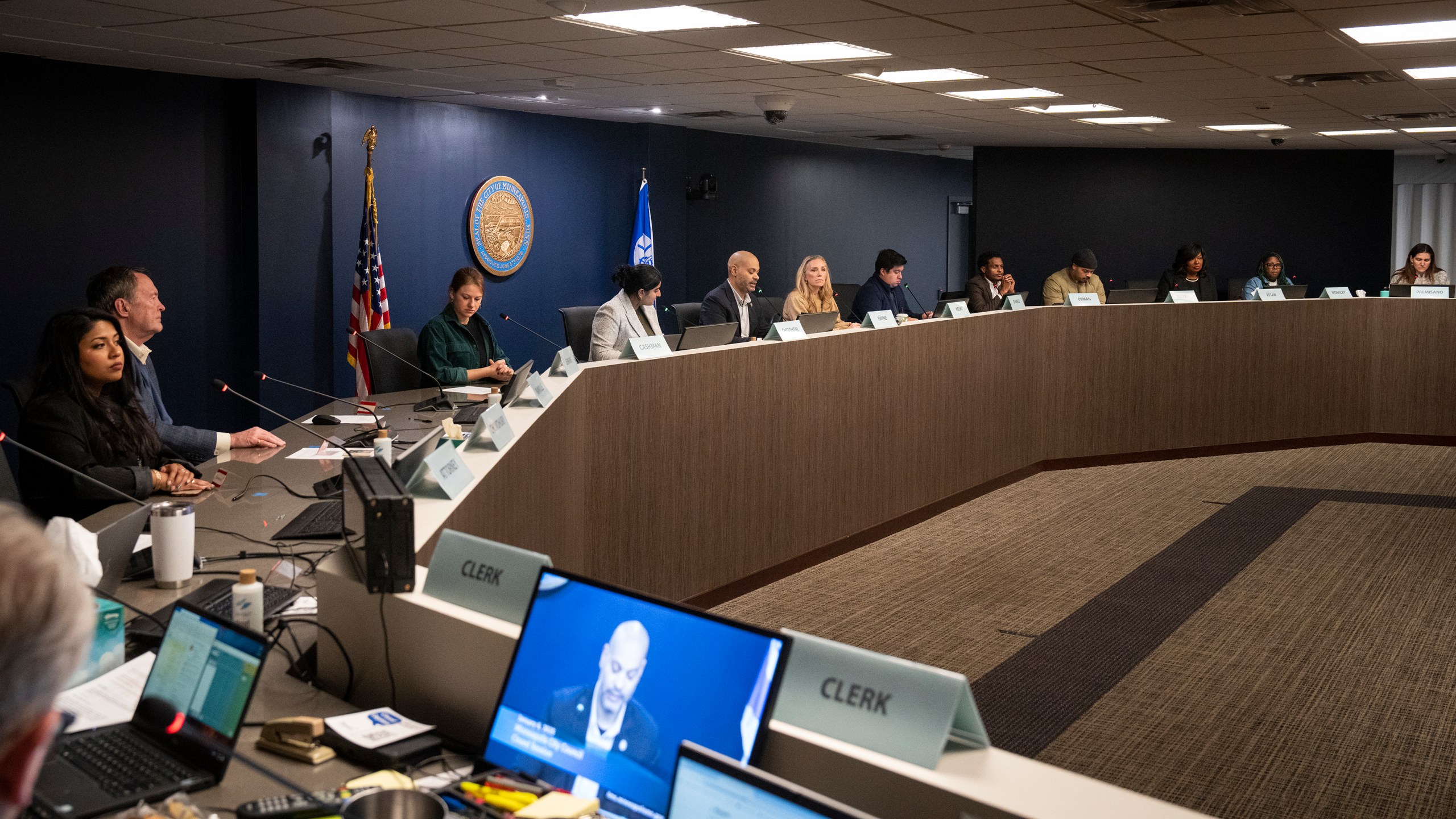 The Minneapolis City Council votes to go into closed session immediately after gaveling into session to go over a federal consent decree mandating reforms to the police department in Minneapolis, Monday, Jan. 6, 2025. (Leila Navidi/Star Tribune via AP)