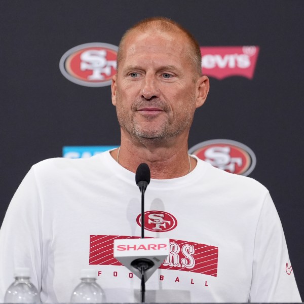 FILE - San Francisco 49ers special teams coordinator Brian Schneider speaks at a news conference during NFL football training camp in Santa Clara, Calif., July 30, 2024. (AP Photo/Jeff Chiu, File)