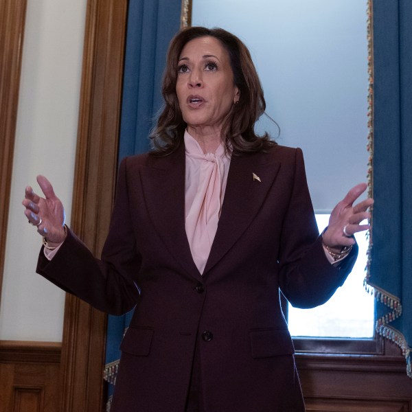 Vice President Kamala Harris talks to reporters after presiding over a joint session of Congress to confirm the Electoral College votes at the Capitol, Monday, Jan. 6, 2025, in Washington. (AP Photo/Jose Luis Magana)