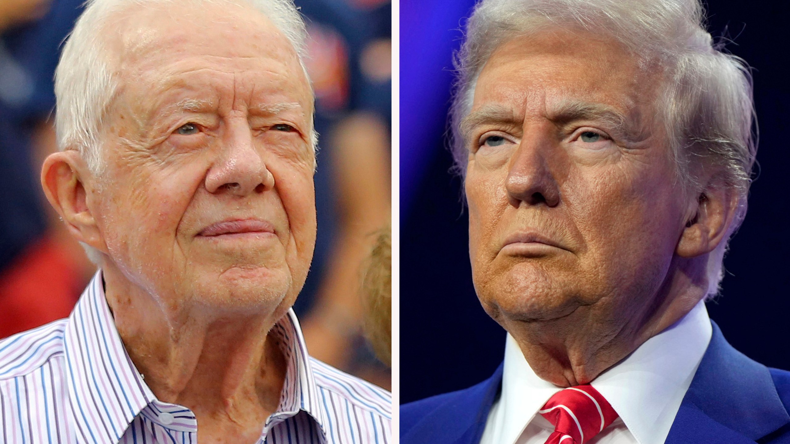 This combination photo shows former President Jimmy Carter, left, at a baseball game, June 10, 2015, in Atlanta and President-elect Donald Trump at AmericaFest, Dec. 22, 2024, in Phoenix. (AP Photo)