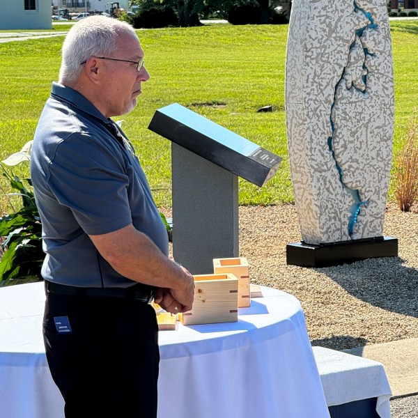 Hamilton County Coroner Jeff Jellison stands on August 29, 2024, in Westfield, Indiana, during the dedication of a memorial honoring suspected serial killer Herbert Baumeister's nine known victims. (AP Photo/Rick Callahan)