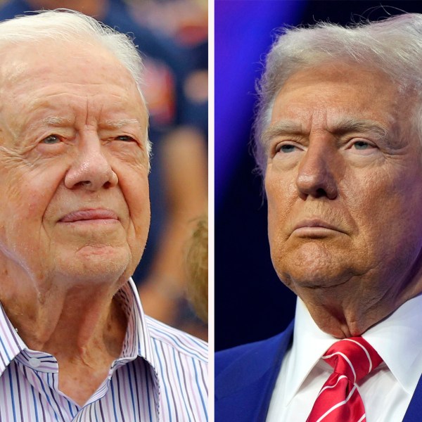 This combination photo shows former President Jimmy Carter, left, at a baseball game, June 10, 2015, in Atlanta and President-elect Donald Trump at AmericaFest, Dec. 22, 2024, in Phoenix. (AP Photo)