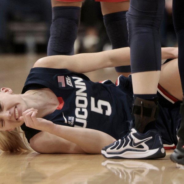 UConn's Paige Bueckers lies injured during an NCAA college basketball game against Villanova, Sunday, Jan. 5, 2025, in Villanova, Pa. (Elizabeth Robertson/The Philadelphia Inquirer via AP)