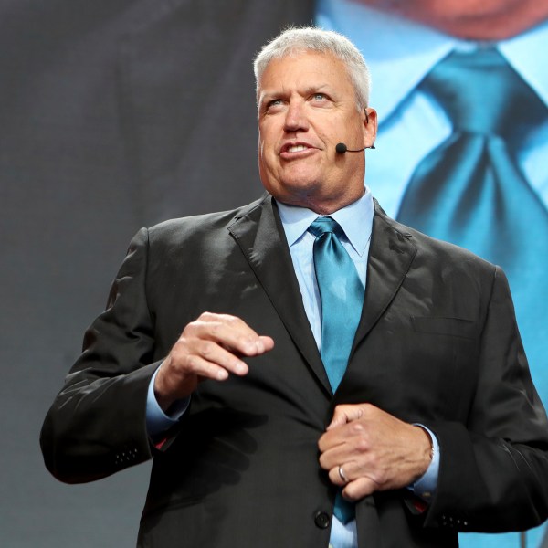 FILE - Former NFL football head coach Rex Ryan speaks on Day 3 of the NFL football draft in Nashville, Tenn., April 27, 2019. (AP Photo/Gregory Payan, File)