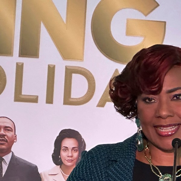 King Center CEO Bernice King, daughter of the Rev. Martin Luther King Jr., speaks during a news conference at the King Center in Atlanta on Tuesday, Jan. 7, 2025. (AP Photo/Kate Brumback)