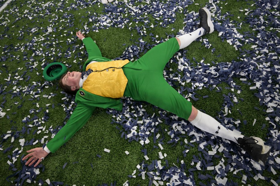 Notre Dame mascot Colin Mahoney celebrates after a quarterfinal game against Georgia in a College Football Playoff, Thursday, Jan. 2, 2025, in New Orleans. (AP Photo/Matthew Hinton)