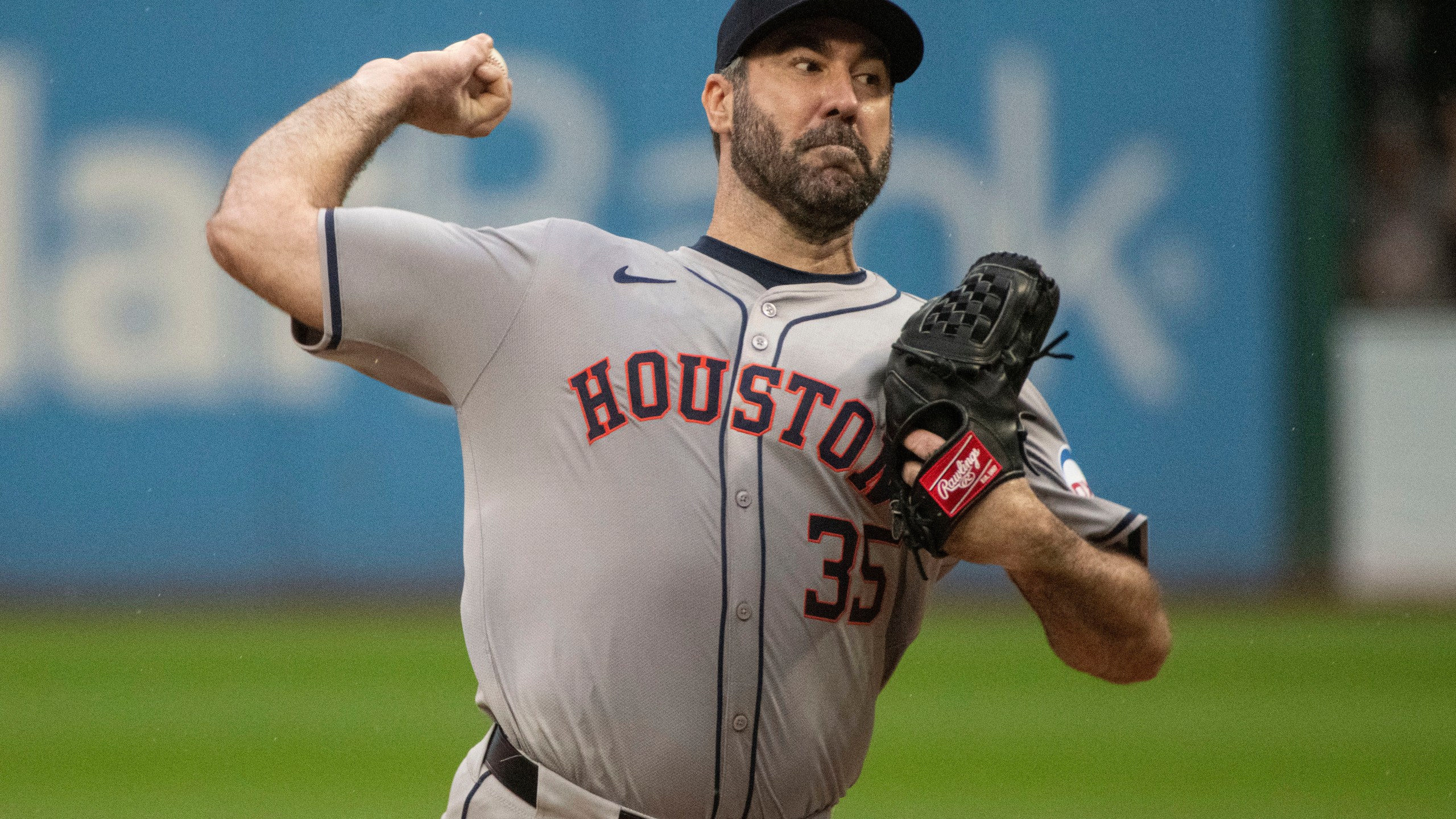 FILE - Houston Astros starting pitcher Justin Verlander delivers against the Cleveland Guardians during the first inning of a baseball game in Cleveland, Sept. 28, 2024. (AP Photo/Phil Long, File)