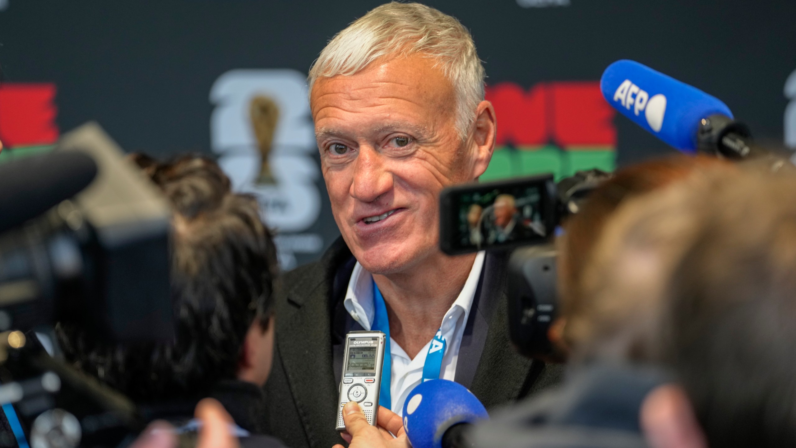 France head coach Didier Deschamps attends the media during the UEFA Preliminary Draw for the 2026 FIFA World Cup at FIFA headquarters in Zurich, Switzerland, Friday, December 13, 2024. (AP Photo/Martin Meissner)