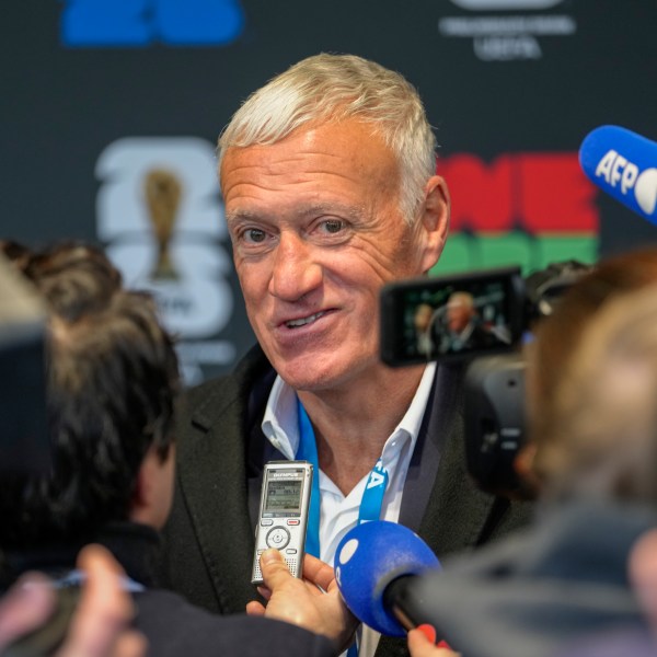 France head coach Didier Deschamps attends the media during the UEFA Preliminary Draw for the 2026 FIFA World Cup at FIFA headquarters in Zurich, Switzerland, Friday, December 13, 2024. (AP Photo/Martin Meissner)