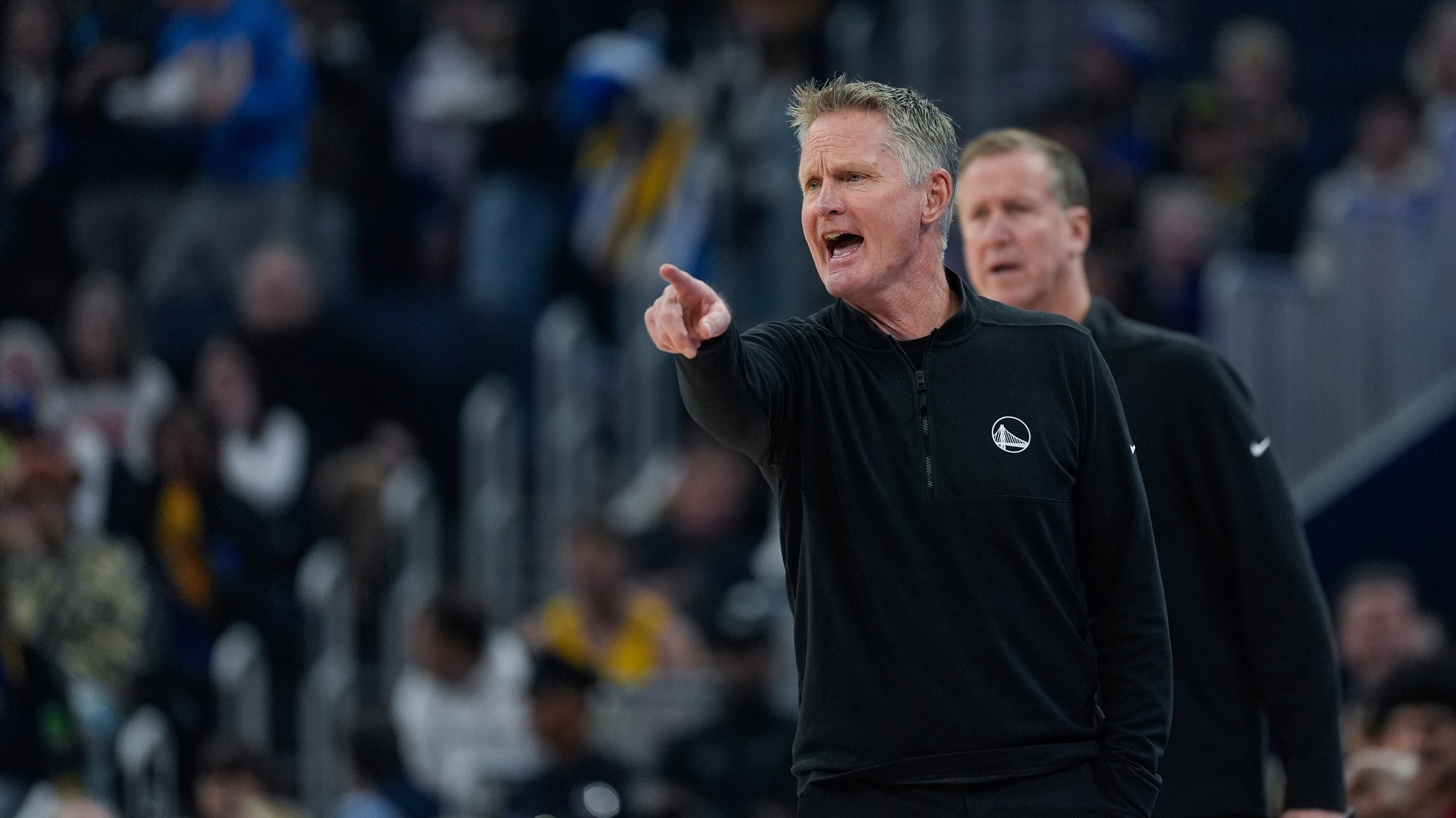 Golden State Warriors head coach Steve Kerr gestures during the first half of an NBA basketball game against the Miami Heat, Tuesday, Jan. 7, 2025, in San Francisco. (AP Photo/Godofredo A. Vásquez)