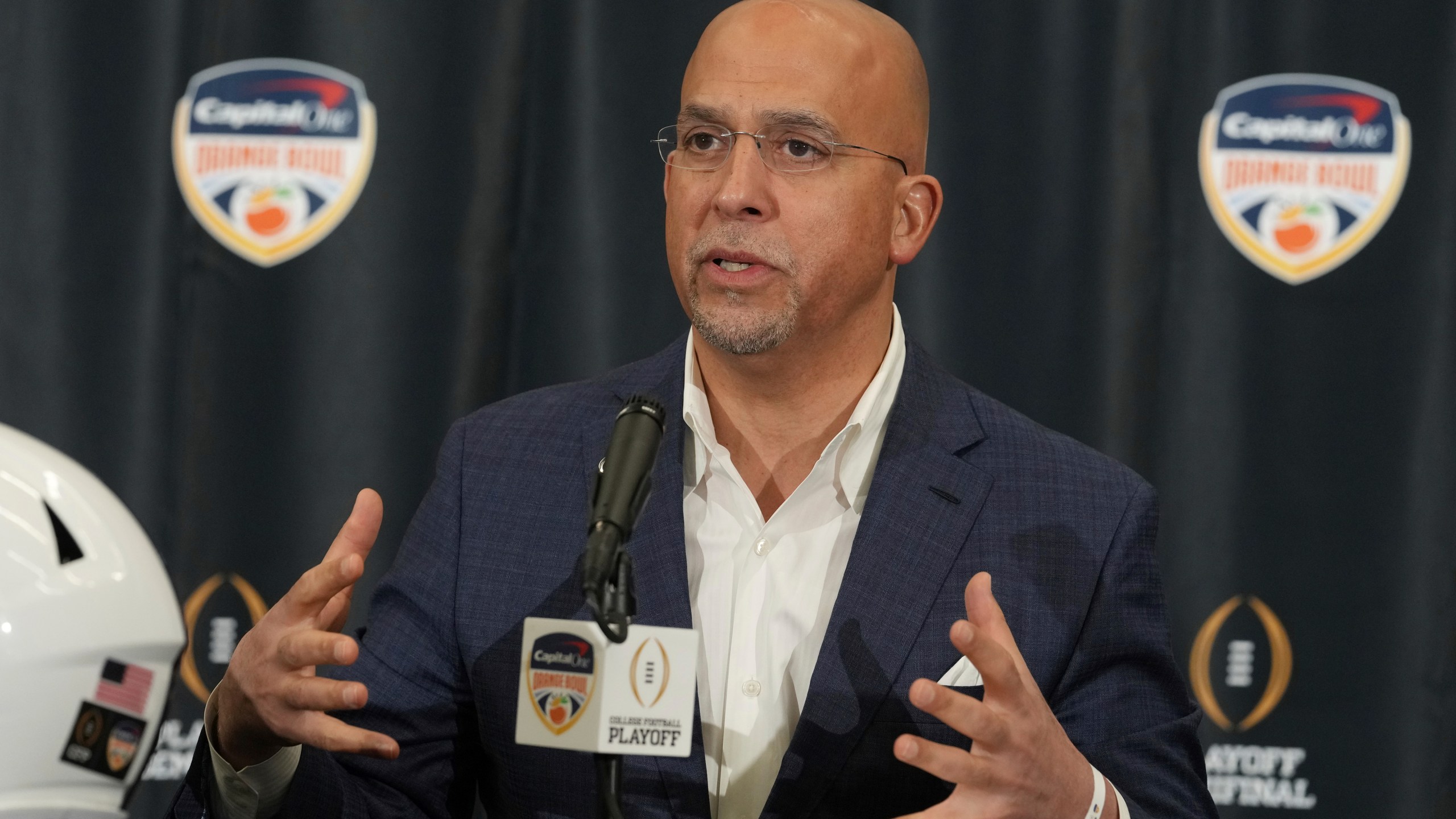 Penn State head coach James Franklin speaks during a news conference for the Orange Bowl NCAA College Football Playoff game, Wednesday, Jan. 8, 2025, in Dania Beach, Fla. (AP Photo/Marta Lavandier)