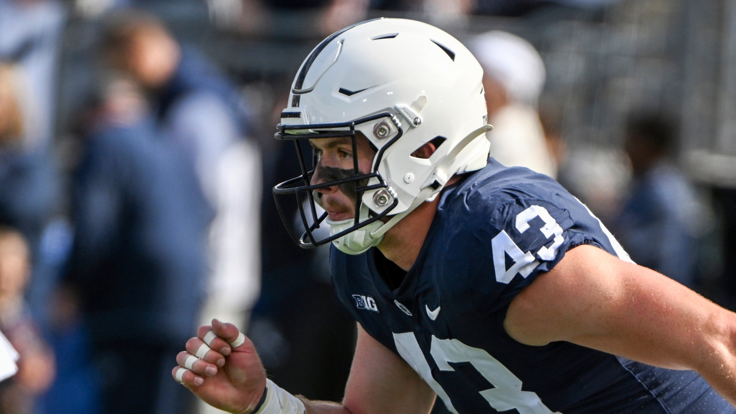 FILE - Penn State linebacker Tyler Elsdon (43) warms up against Central Michigan during an NCAA college football game, Saturday, Sept. 24, 2022, in State College, Pa. (AP Photo/Barry Reeger, File)