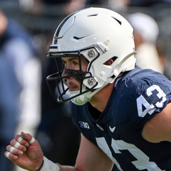 FILE - Penn State linebacker Tyler Elsdon (43) warms up against Central Michigan during an NCAA college football game, Saturday, Sept. 24, 2022, in State College, Pa. (AP Photo/Barry Reeger, File)