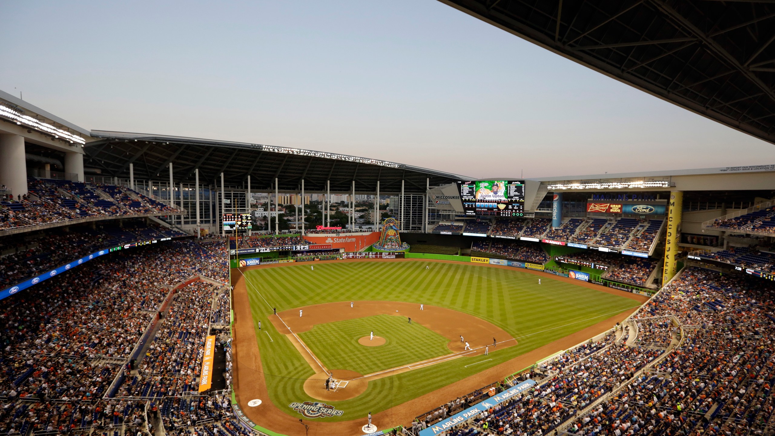 FILE - The roof is open during an interleague opening day baseball game between the Miami Marlins and the Detroit Tigers, Tuesday, April 5, 2016, in Miami. (AP Photo/Lynne Sladky, File)