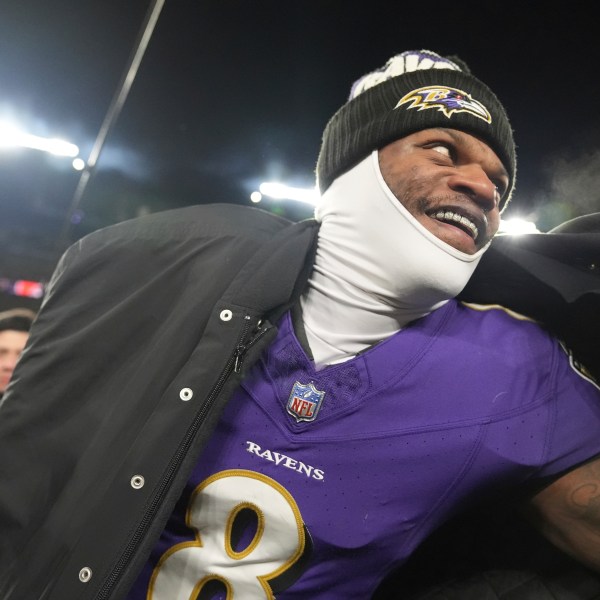 Baltimore Ravens quarterback Lamar Jackson smiles following an NFL football game against the Cleveland Browns Saturday, Jan. 4, 2025, in Baltimore. The Ravens won 35-10. (AP Photo/Stephanie Scarbrough)