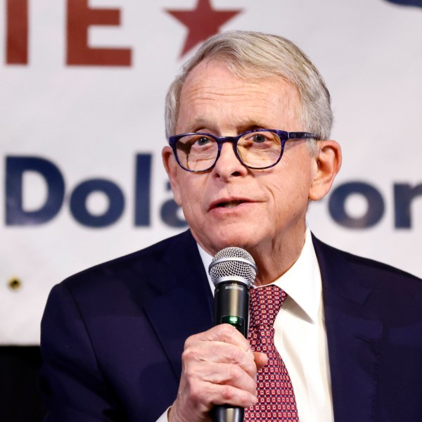 FILE - Ohio Gov. Mike DeWine introduces Ohio state senator and Republican candidate for U.S. Senate Matt Dolan during a campaign event in Columbus, Ohio, Monday, March 18, 2024. (AP Photo/Paul Vernon, File)