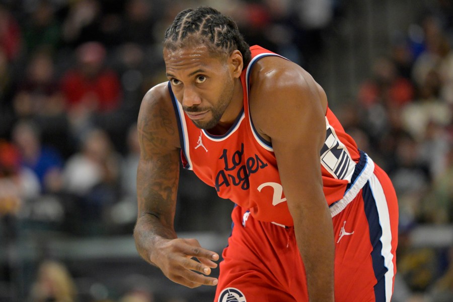 Los Angeles Clippers forward Kawhi Leonard looks on during the second half of an NBA basketball game against the Atlanta Hawks, Saturday, Jan. 4, 2025, in Los Angeles. (AP Photo/Jayne-Kamin-Oncea)