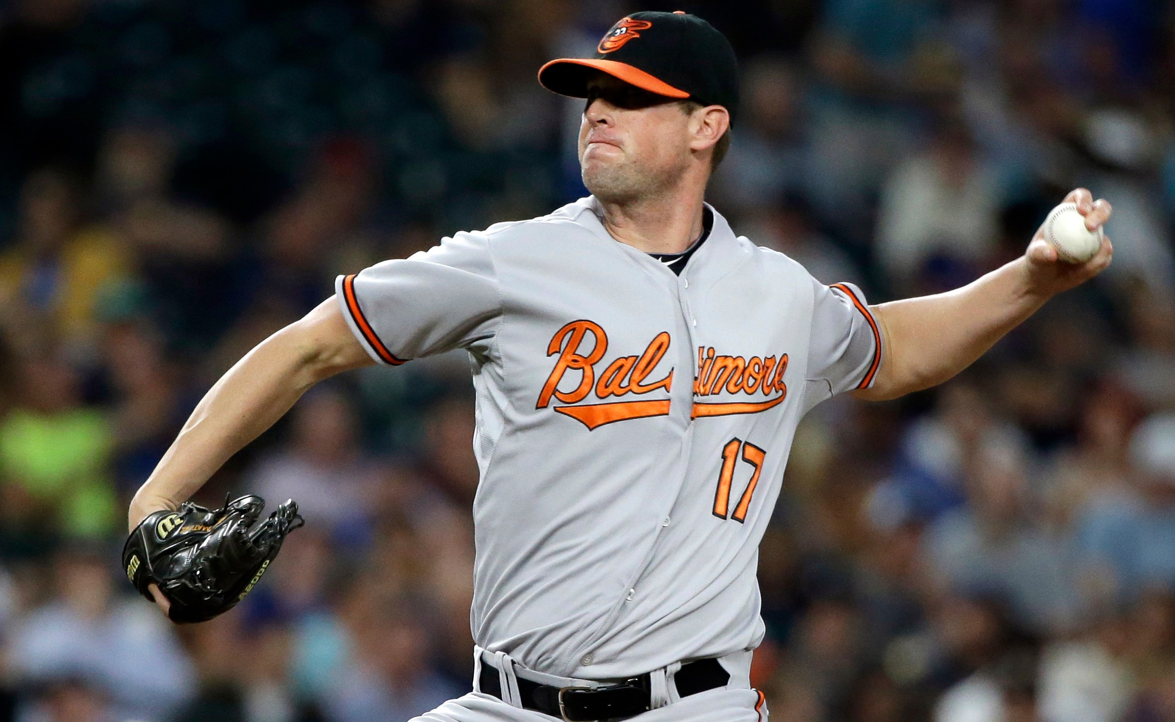 FILE - Baltimore Orioles relief pitcher Brian Matusz throws during a baseball game against the Seattle Mariners, Tuesday, Aug. 11, 2015, in Seattle. (AP Photo/Elaine Thompson, File)