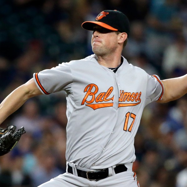 FILE - Baltimore Orioles relief pitcher Brian Matusz throws during a baseball game against the Seattle Mariners, Tuesday, Aug. 11, 2015, in Seattle. (AP Photo/Elaine Thompson, File)