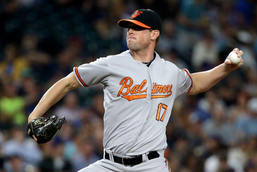 FILE - Baltimore Orioles relief pitcher Brian Matusz throws during a baseball game against the Seattle Mariners, Tuesday, Aug. 11, 2015, in Seattle. (AP Photo/Elaine Thompson, File)