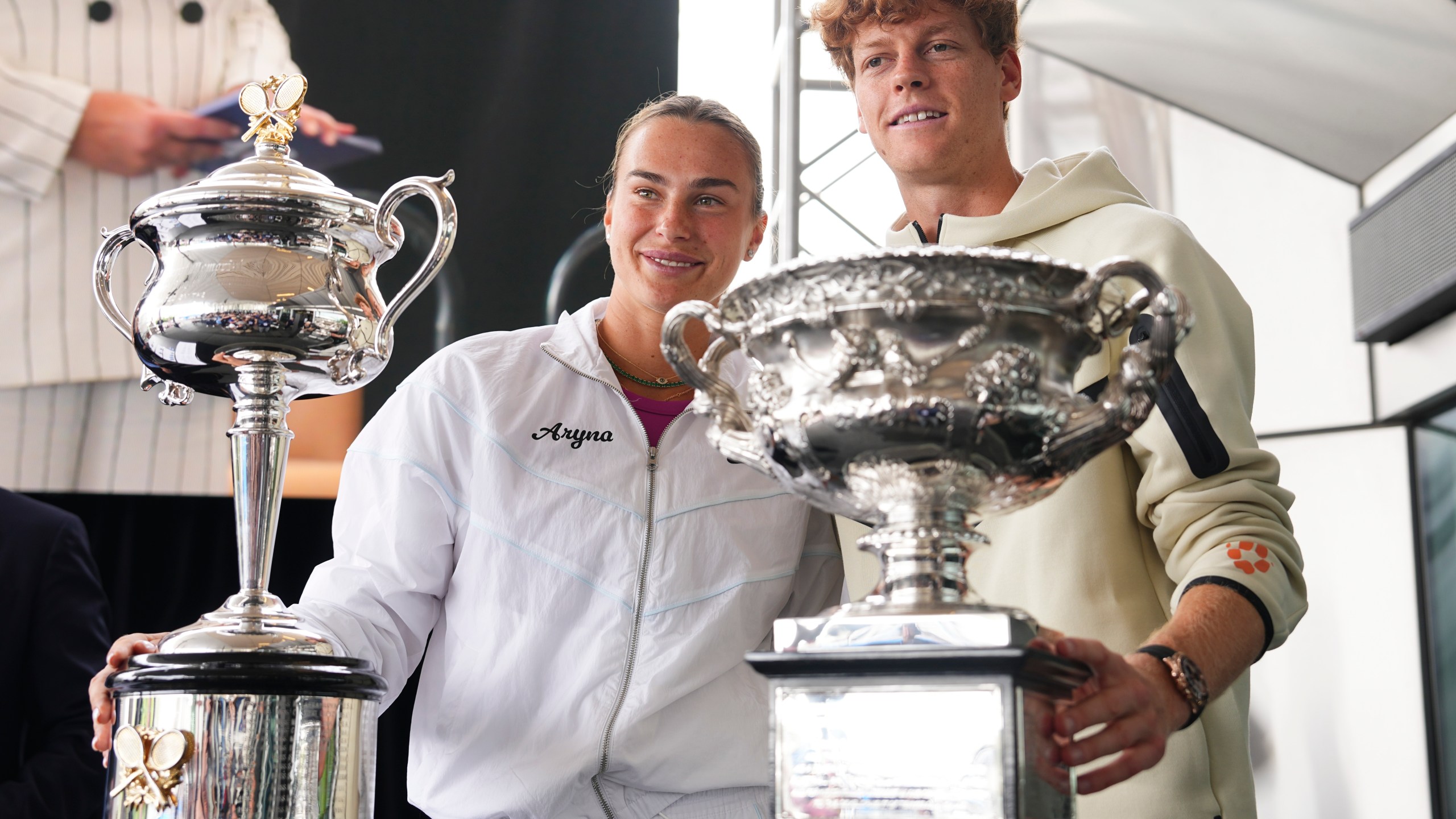 Defending champions Aryna Sabalenka and Jannik Sinner attend the official draw ceremony ahead of the Australian Open tennis championship in Melbourne, Australia, Thursday, Jan. 9, 2025. (AP Photo/Vincent Thian)